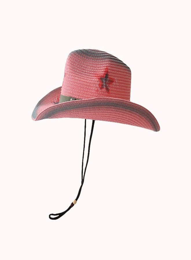 GUDVES Western Cowboy Hat, Pink Adjustable Straw Sun Hats,Pentagram Wide Brim Belt Women's Cowgirl Hats, Suitable for Parties Hiking (Pink) - Image 4